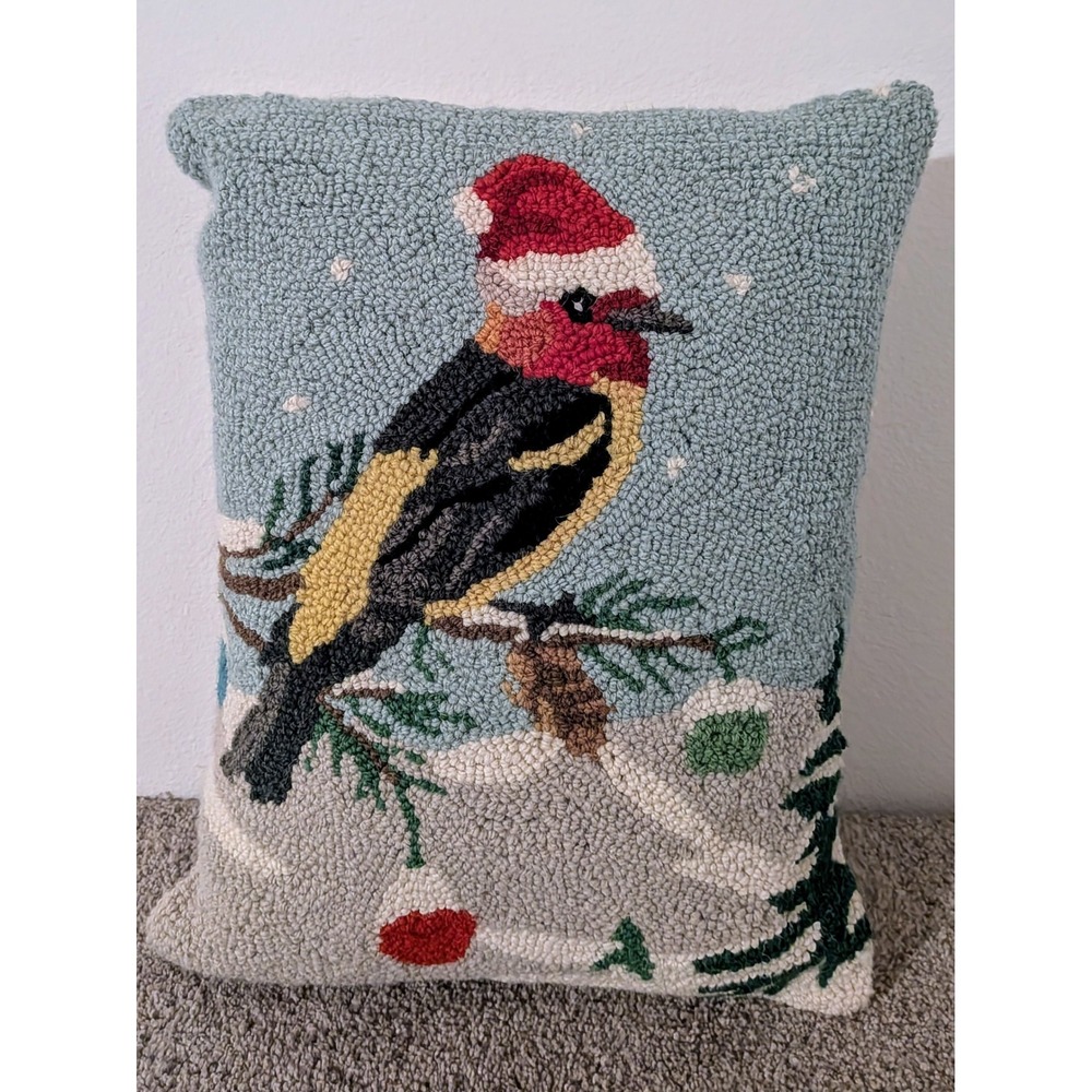 Christmas Bird Hooked Pillow Red Santa Hat Winter Scene Decorative 14x17